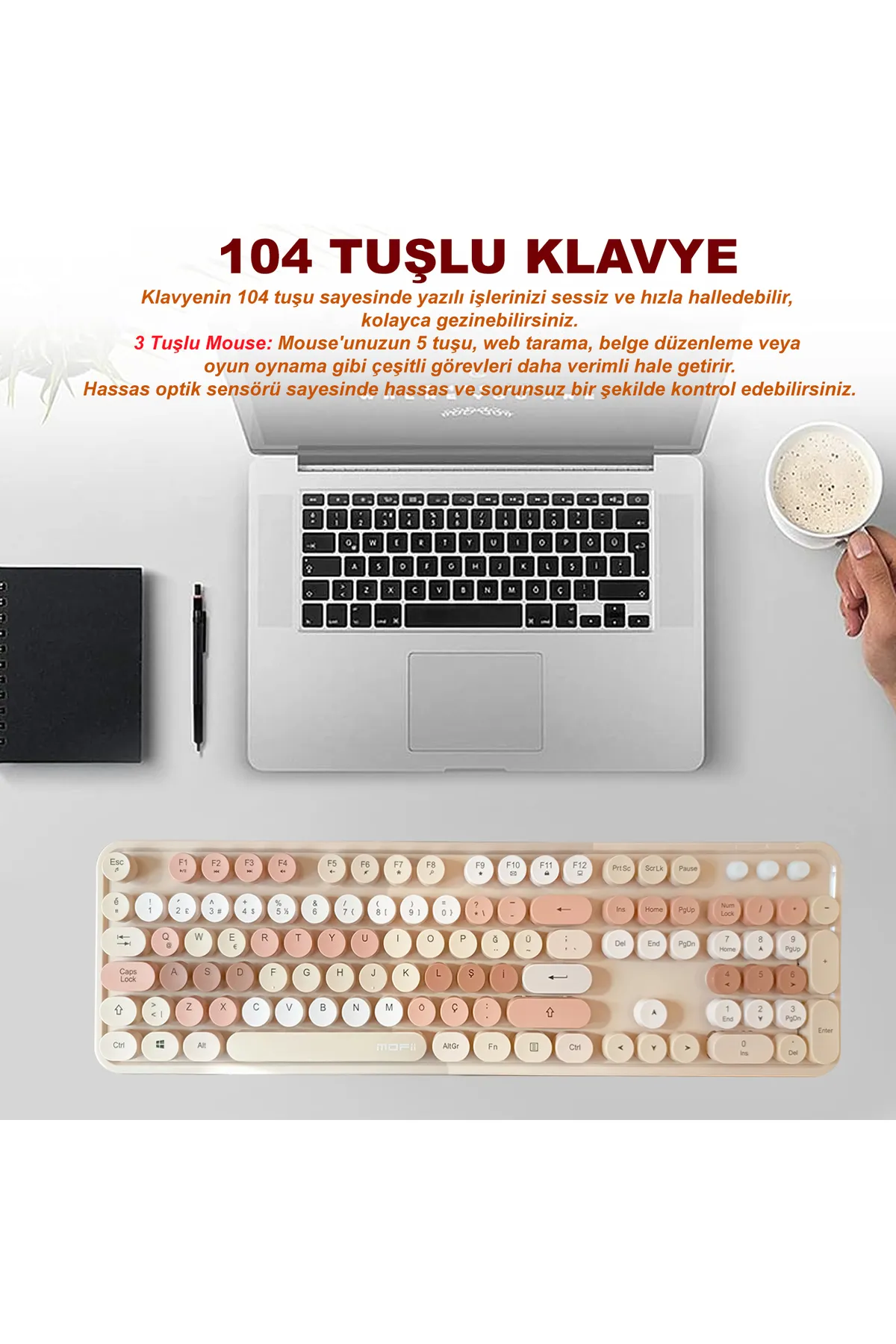 Mofii Sweet Serisi Retro Yuvarlak Tuşlu Kahverengi Kablosuz Klavye Mouse Set Türkçe